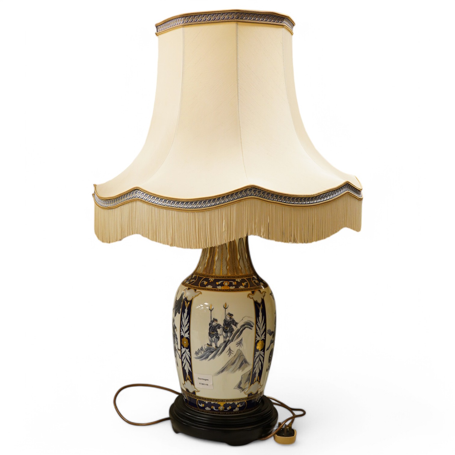 A Chinese decorated warrior porcelain vase, converted to a table lamp with cream shade, 89cm high including shade. Condition - good